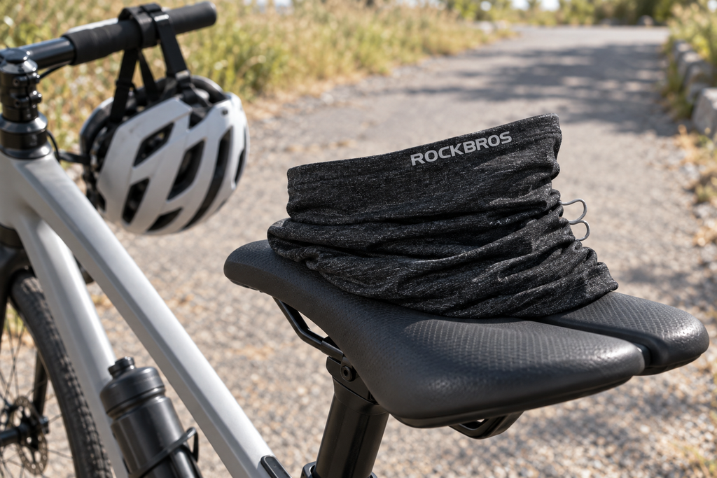 Halstuch Sommer – gefaltet auf einem Fahrradsattel am Feldweg