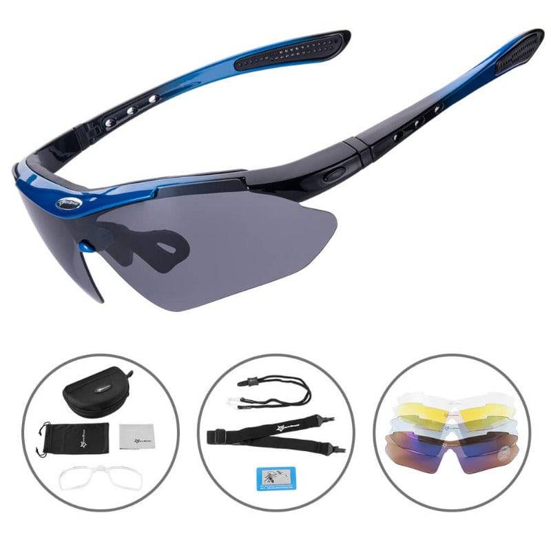 ROCKBROS Fahrradbrille mit 5 Wechselgläsern – Schwarz/Blau; Herstelleraufnahme