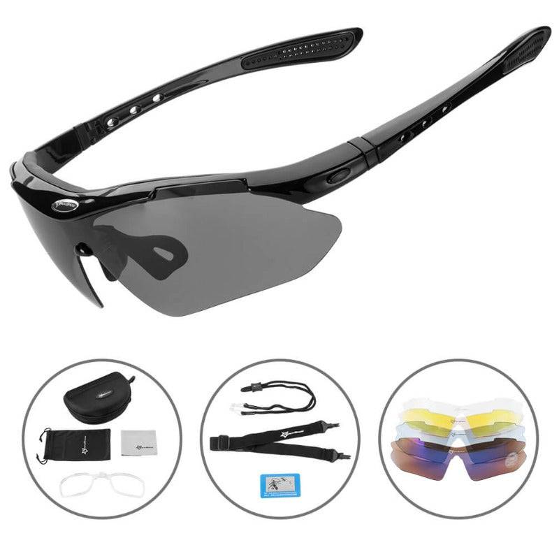 Sportbrille mit 5 Wechselgläsern – offizieller Lieferumfang der schwarzen Variante 10003