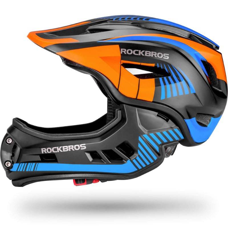 Kinderhelm mit Kinnschutz – Schwarz, Orange und Blau